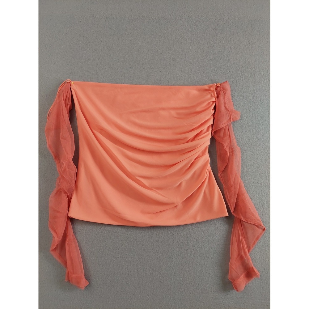 Helmut Lang Women Blouse Top L Coral Sheer Long Sleeve Off The Shoulder Ruched